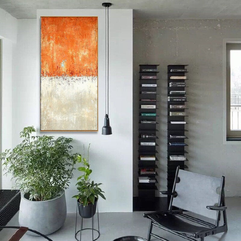 Large Abstract Acrylic Painting on Canvas, Minimalist Wall Art Canvas, Original Orange and White Abstract Canvas Art