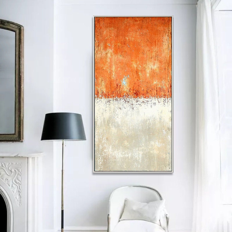 Large Abstract Acrylic Painting on Canvas, Minimalist Wall Art Canvas, Original Orange and White Abstract Canvas Art