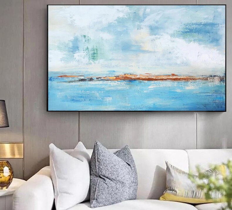 Extra Large Abstract Art, Light Blue Ocean and Sky Canvas Wall Art, Original Oil Wall Painting
