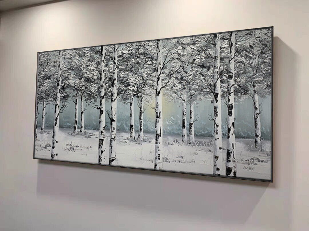 Original Birch Branch Art, Snow Scene Oil Painting on Canvas, Extra Large Forest Canvas Wall Art, Black and Grey Painting