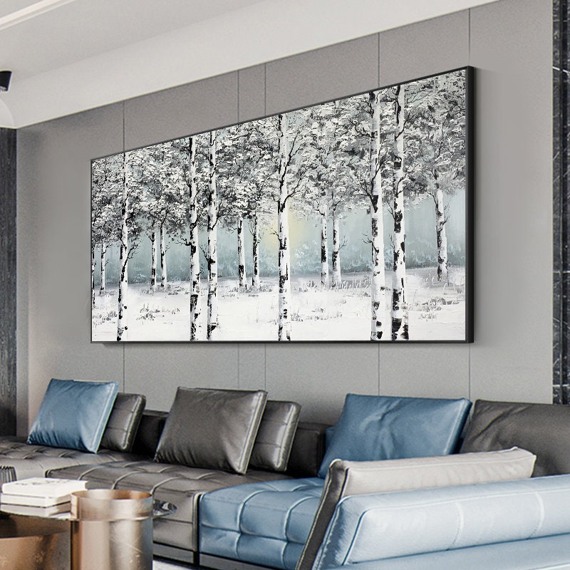Original Birch Branch Art, Snow Scene Oil Painting on Canvas, Extra Large Forest Canvas Wall Art, Black and Grey Painting