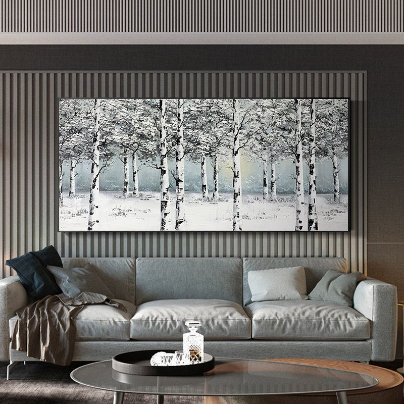 Original Birch Branch Art, Snow Scene Oil Painting on Canvas, Extra Large Forest Canvas Wall Art, Black and Grey Painting