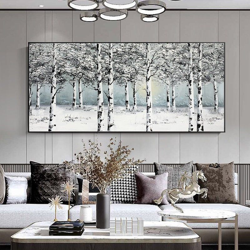 Original Birch Branch Art, Snow Scene Oil Painting on Canvas, Extra Large Forest Canvas Wall Art, Black and Grey Painting