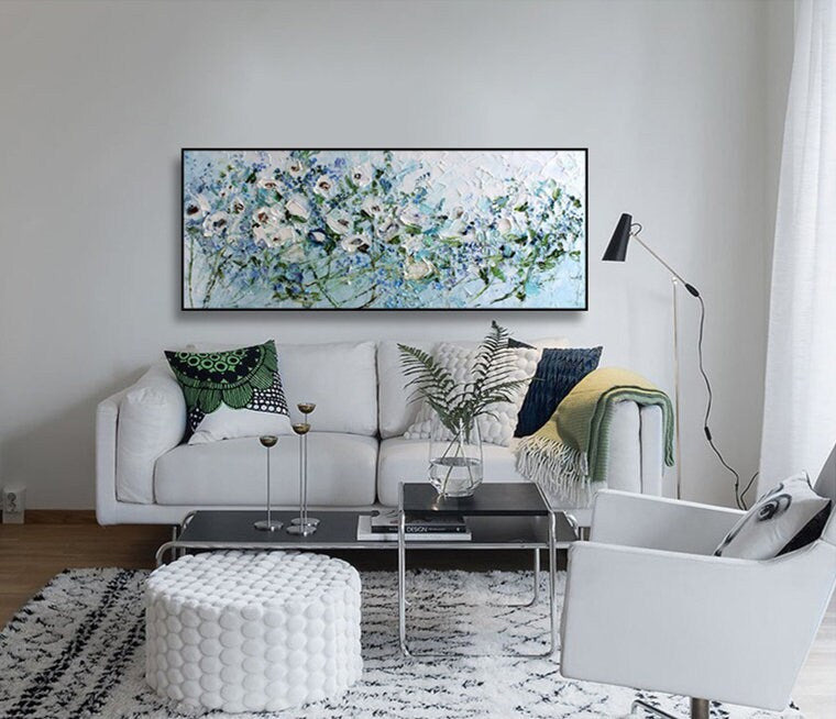 Original White Abstract Floral Painting, Impasto Oil Painting on Canvas, Large Flower Canvas Wall Art