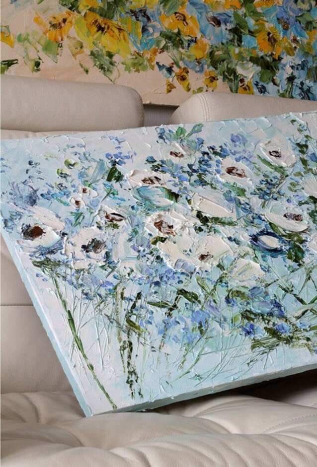Original White Abstract Floral Painting, Impasto Oil Painting on Canvas, Large Flower Canvas Wall Art