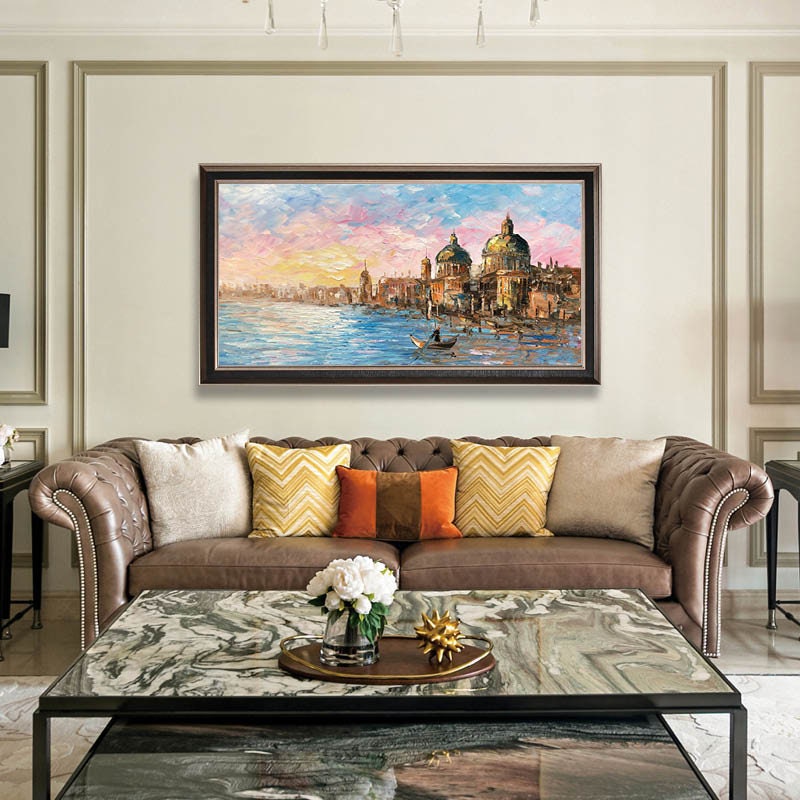 Large Venice Painting Original, Sunrise Venice Oil Painting on Canvas, Abstract Landscape Wall Art, Impressionist Bedroom…