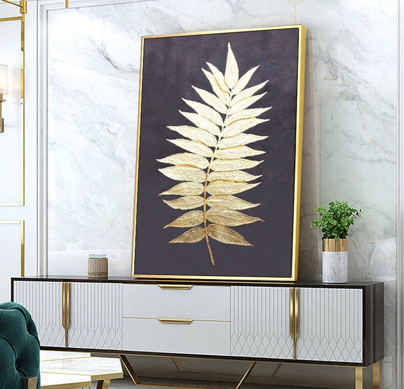 Gold Leaf Wall Art, Botanical Canvas Wall Art, Extra Large Abstract Art, Golden Canvas Painting, Original Abstract Painting