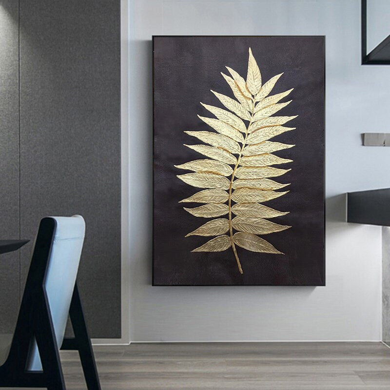 Gold Leaf Wall Art, Botanical Canvas Wall Art, Extra Large Abstract Art, Golden Canvas Painting, Original Abstract Painting