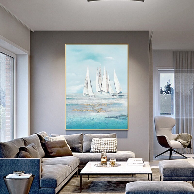 Extra Large Sailboat Oil Painting, Original Sailboats Artwork, Nautical Oil Painting on Canvas, Abstract Sailboat Canvas Wall…