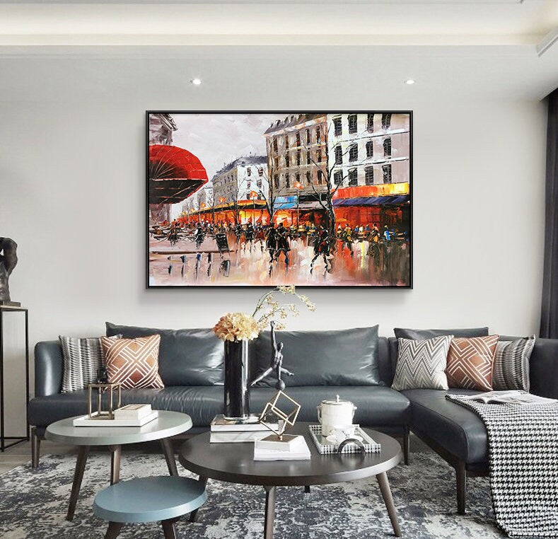 Large Original Paris Oil Painting on Canvas, Abstract Paris City Wall Art Canvas, Landscape Acrylic Canvas Painting