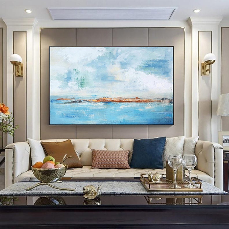 Extra Large Abstract Art, Light Blue Ocean and Sky Canvas Wall Art, Original Oil Wall Painting