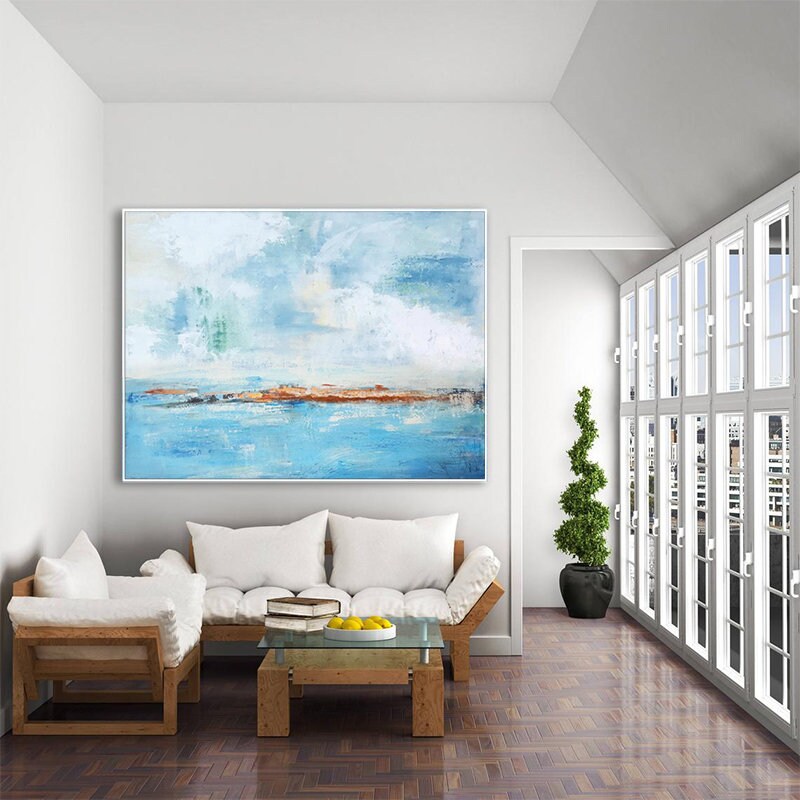 Extra Large Abstract Art, Light Blue Ocean and Sky Canvas Wall Art, Original Oil Wall Painting