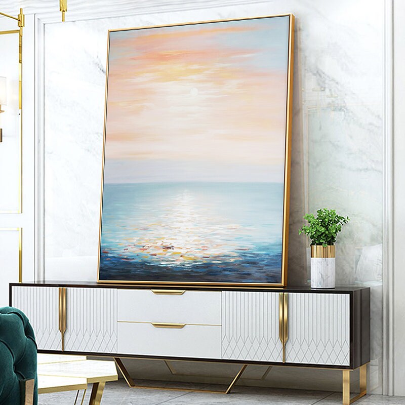 Original Seascape Ocean Wall Art, Extra Large Sunrise Canvas Painting, Modern Abstract Acrylic Painting on Canvas