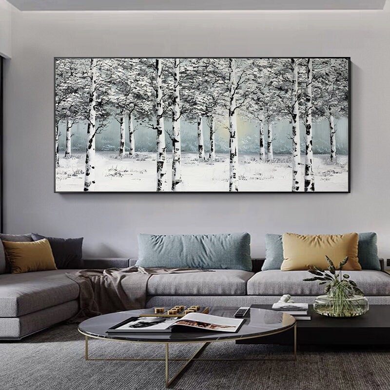 Original Birch Branch Art, Snow Scene Oil Painting on Canvas, Extra Large Forest Canvas Wall Art, Black and Grey Painting