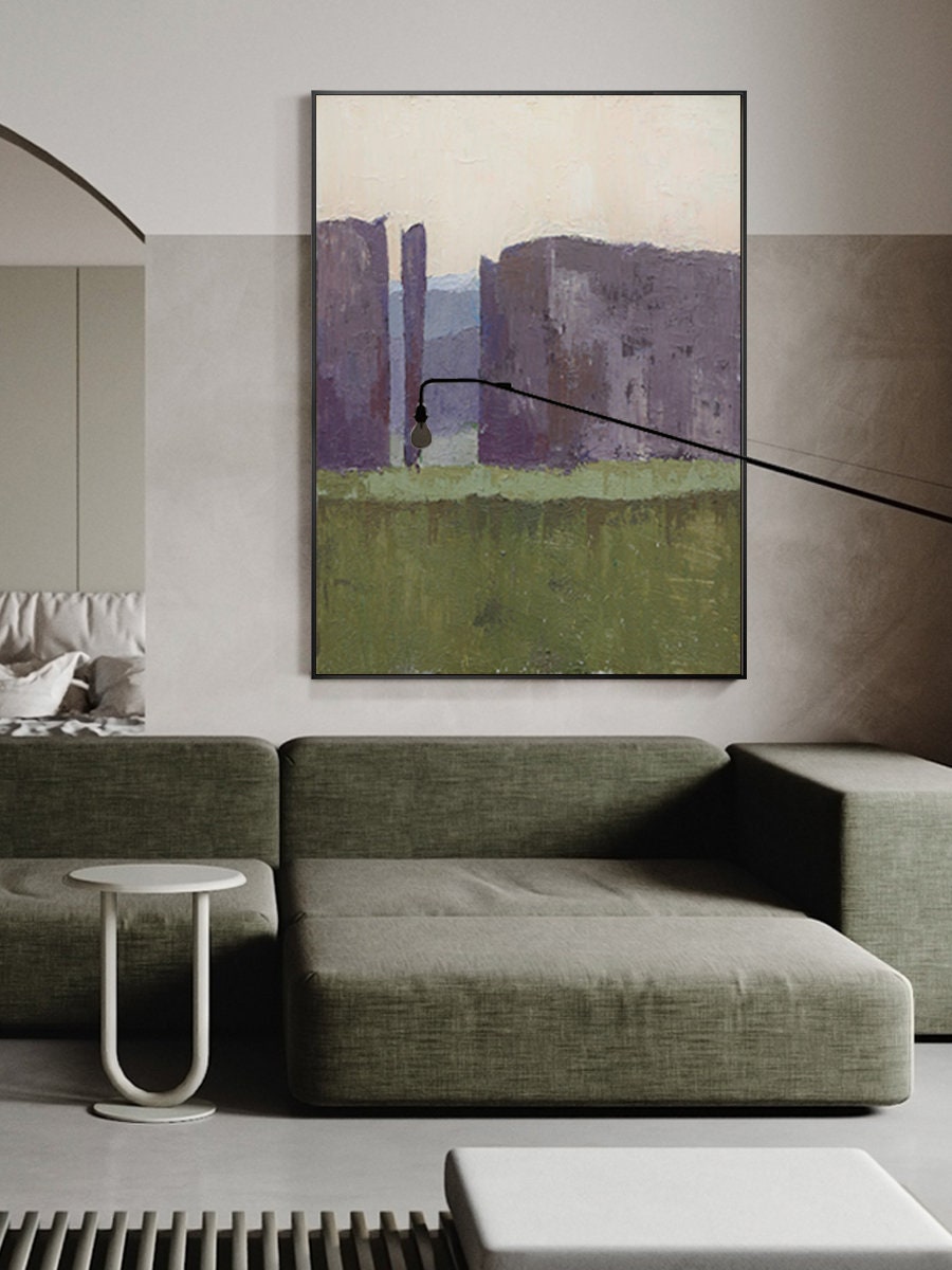 Original Lilac and Green Oil Painting on Canvas, Extra Large Geometric Canvas Wall Art, Abstract Minimalist Acrylic Painting