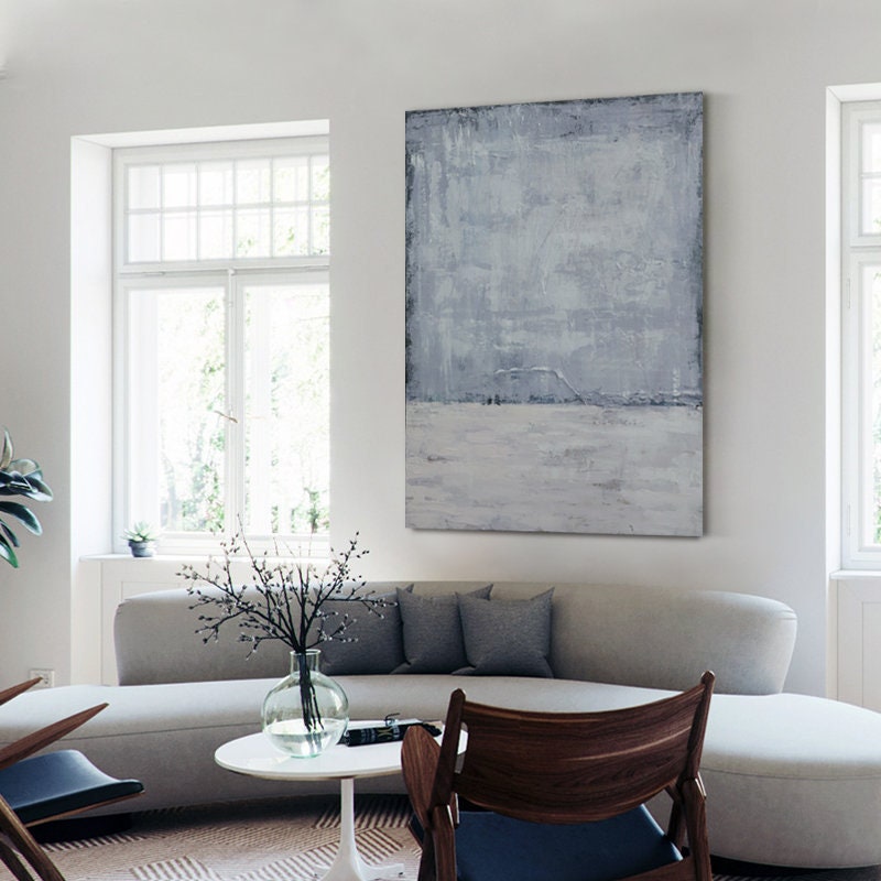 Oversized Abstract Grey and Blue Canvas Wall Art, Extra Large Textured Oil Painting on Canvas, Modern Minimalist Wall Decor…