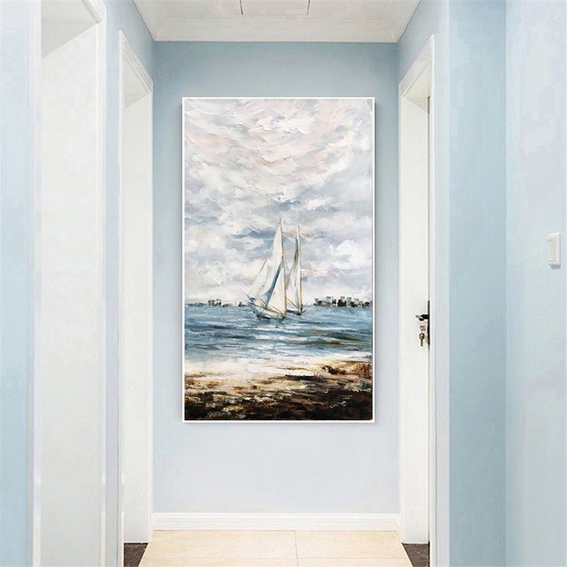 Extra Large Sailboat Oil Painting, Original Sailing Boat Canvas Wall Art, Abstract Ship Acrylic Painting on Canvas, Ocean…