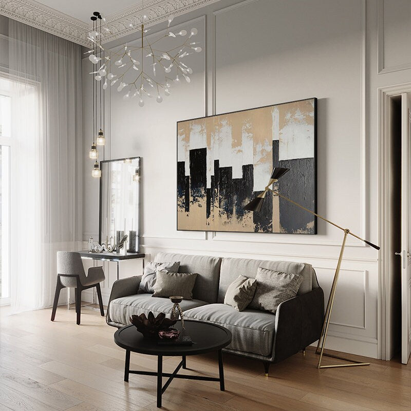 Extra Large Canvas Wall Art, Beige and Black Abstract Oil Painting, Original Acrylic Painting on Canvas, Modern Art for…