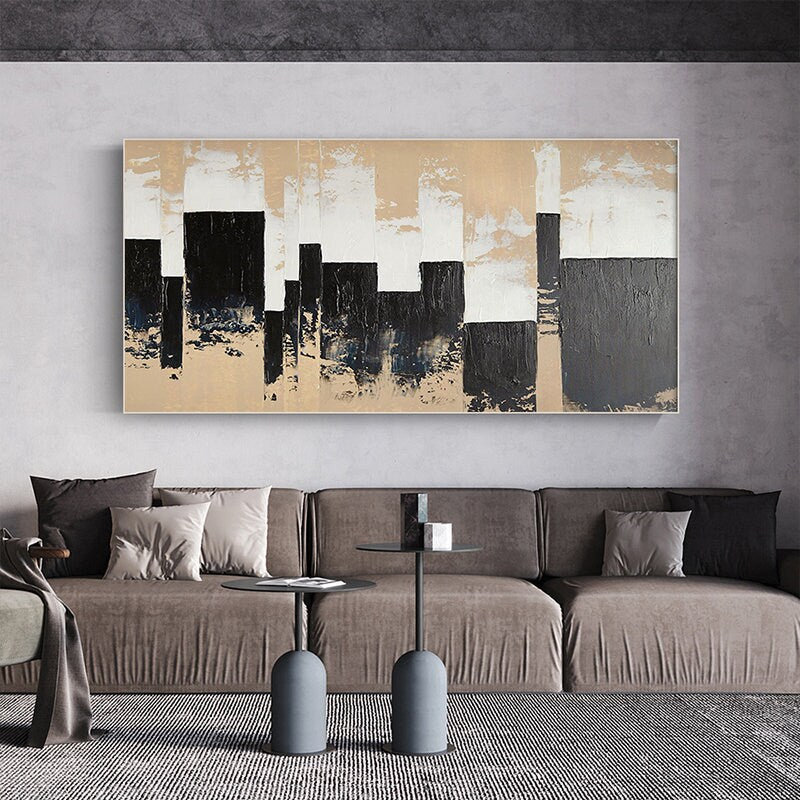 Extra Large Canvas Wall Art, Beige and Black Abstract Oil Painting, Original Acrylic Painting on Canvas, Modern Art for…