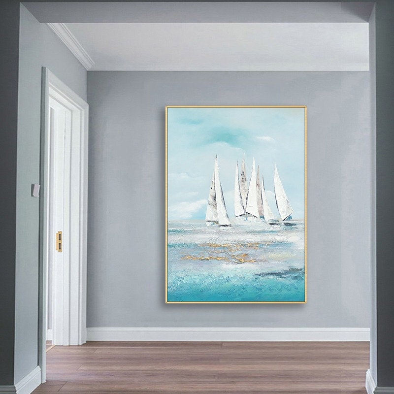 Extra Large Sailboat Oil Painting, Original Sailboats Artwork, Nautical Oil Painting on Canvas, Abstract Sailboat Canvas Wall…