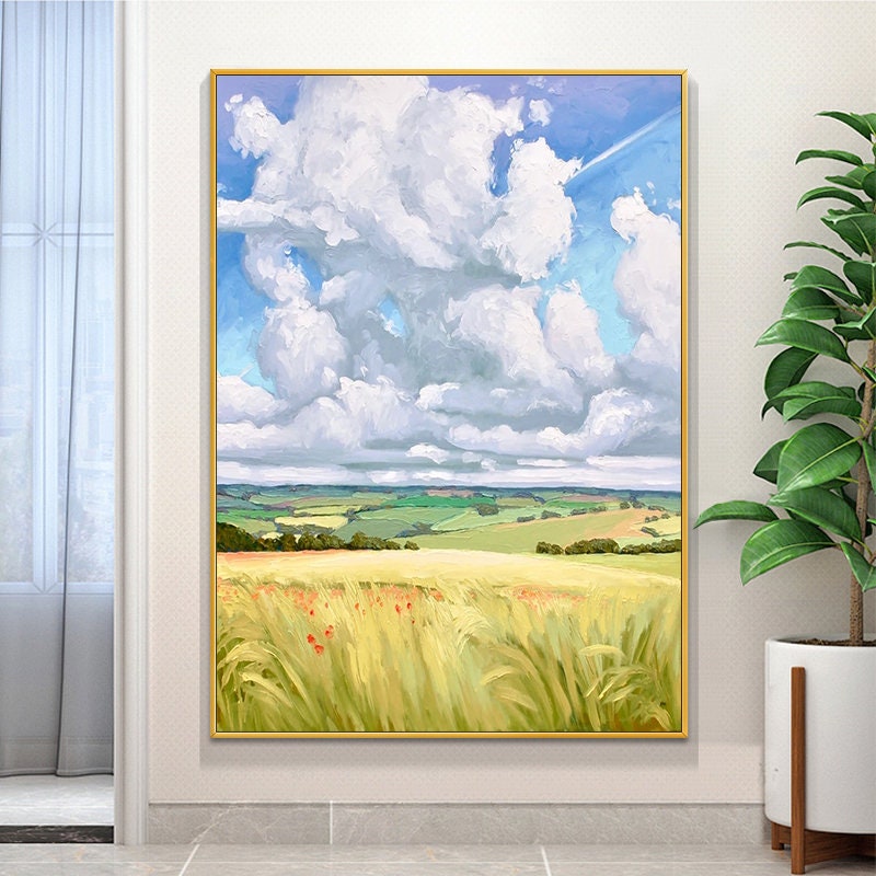 Original Landscape Oil Painting on Canvas, Abstract Landscape Canvas Wall Art, Clouds and Filed Textured Art for Bedroom