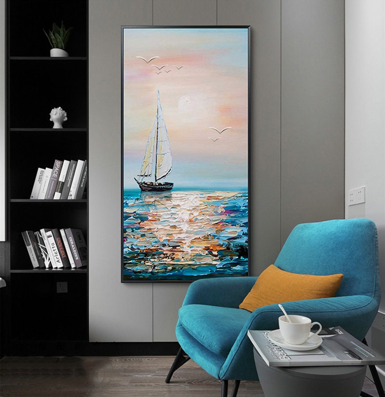 Textured Ocean Waves Canvas Wall Art, Abstract Seascape Painting on Canvas, Original Blue Artwork for Bedroom