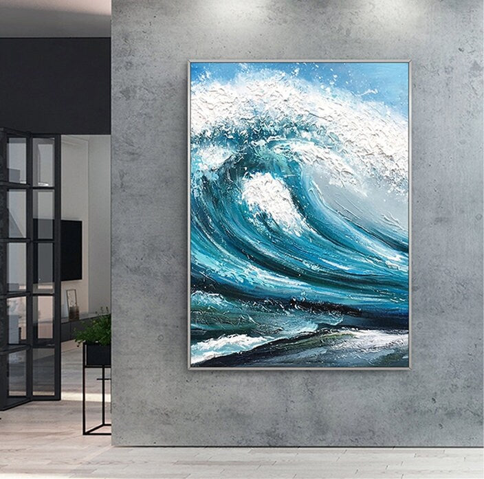 Textured Ocean Waves Wall Art, Extra Large Abstract Canvas Painting, Original Oil Painting on Canvas, Artwork for Bedroom