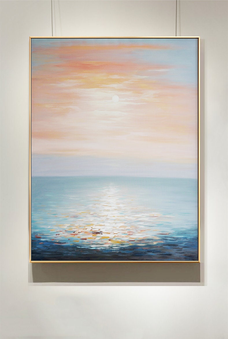 Original Seascape Ocean Wall Art, Extra Large Sunrise Canvas Painting, Modern Abstract Acrylic Painting on Canvas