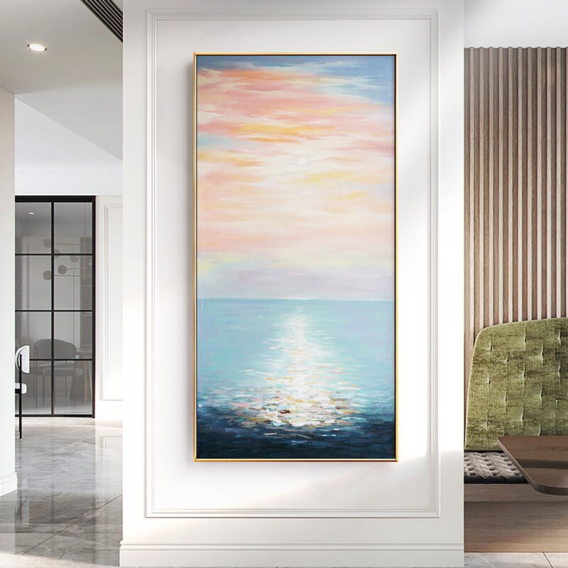 Original Seascape Ocean Wall Art, Extra Large Sunrise Canvas Painting, Modern Abstract Acrylic Painting on Canvas