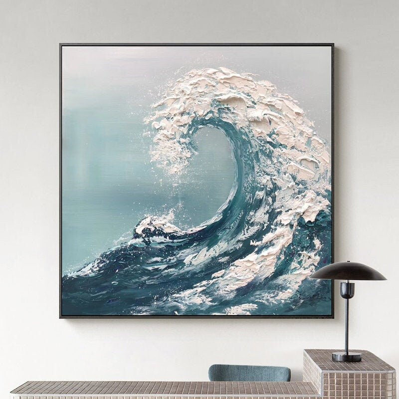 Textured Ocean Waves Wall Art, Abstract Seascape Canvas Wall Painting, Original Blue Oil Painting on Canvas