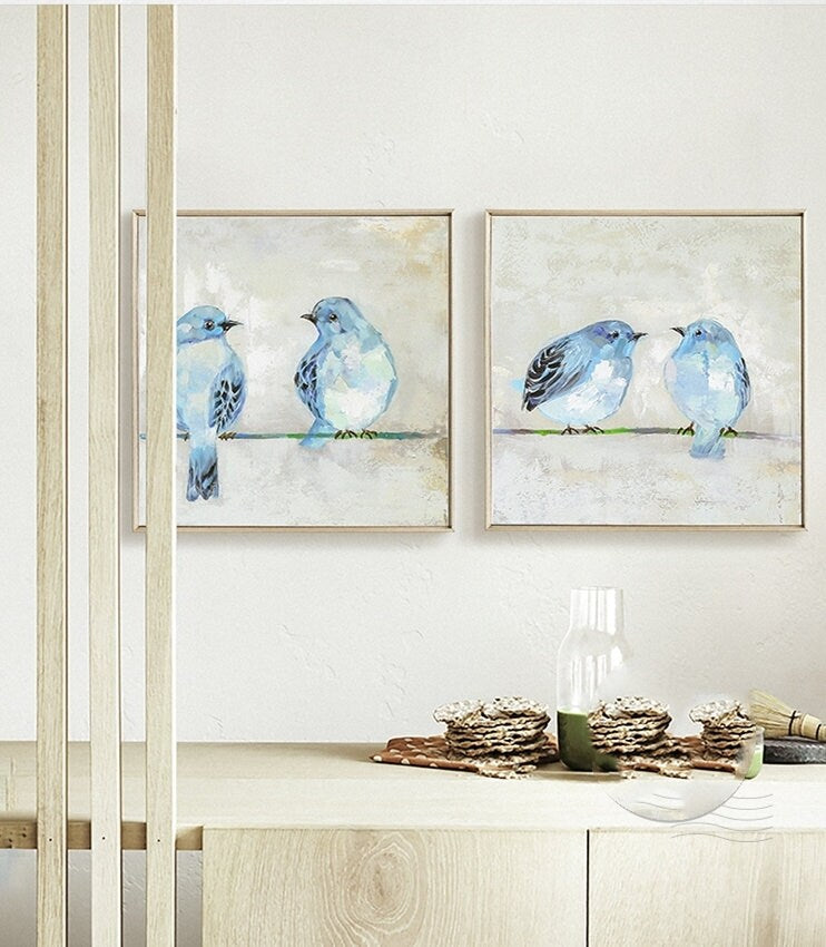 Hand-painted Birds Oil Painting on Canvas, Set of 2 Animal Canvas Wall Art, Original Modern Art for Bedroom