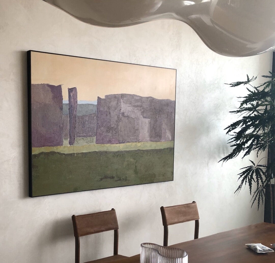 Original Lilac and Green Oil Painting on Canvas, Extra Large Geometric Canvas Wall Art, Abstract Minimalist Acrylic Painting