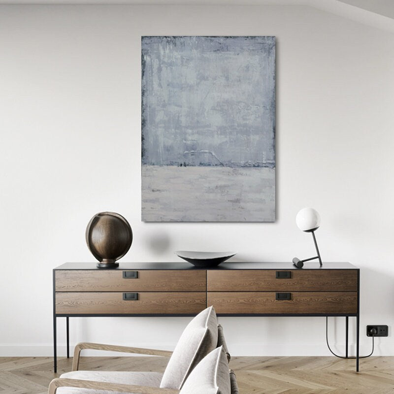 Oversized Abstract Grey and Blue Canvas Wall Art, Extra Large Textured Oil Painting on Canvas, Modern Minimalist Wall Decor…