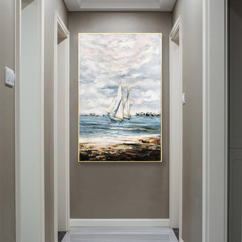 Extra Large Sailboat Oil Painting, Original Sailing Boat Canvas Wall Art, Abstract Ship Acrylic Painting on Canvas, Ocean…