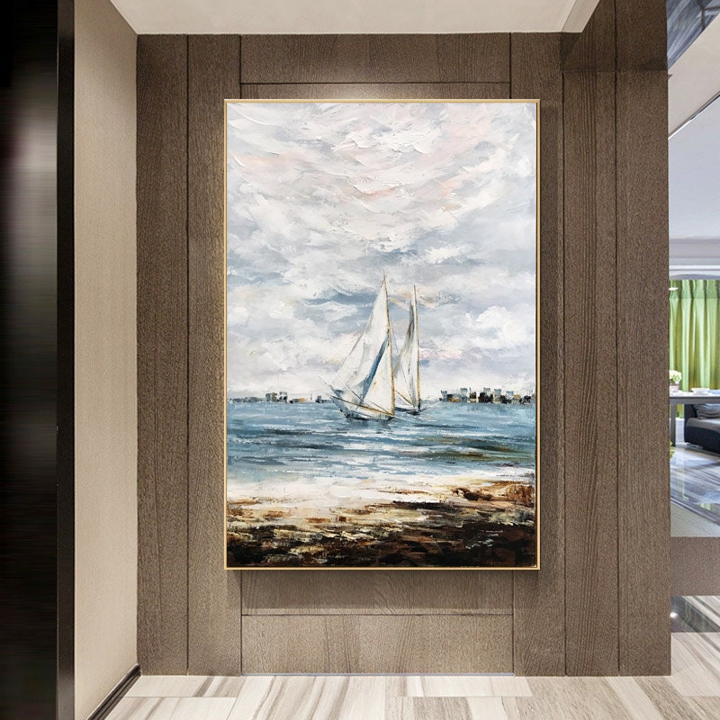 Extra Large Sailboat Oil Painting, Original Sailing Boat Canvas Wall Art, Abstract Ship Acrylic Painting on Canvas, Ocean…
