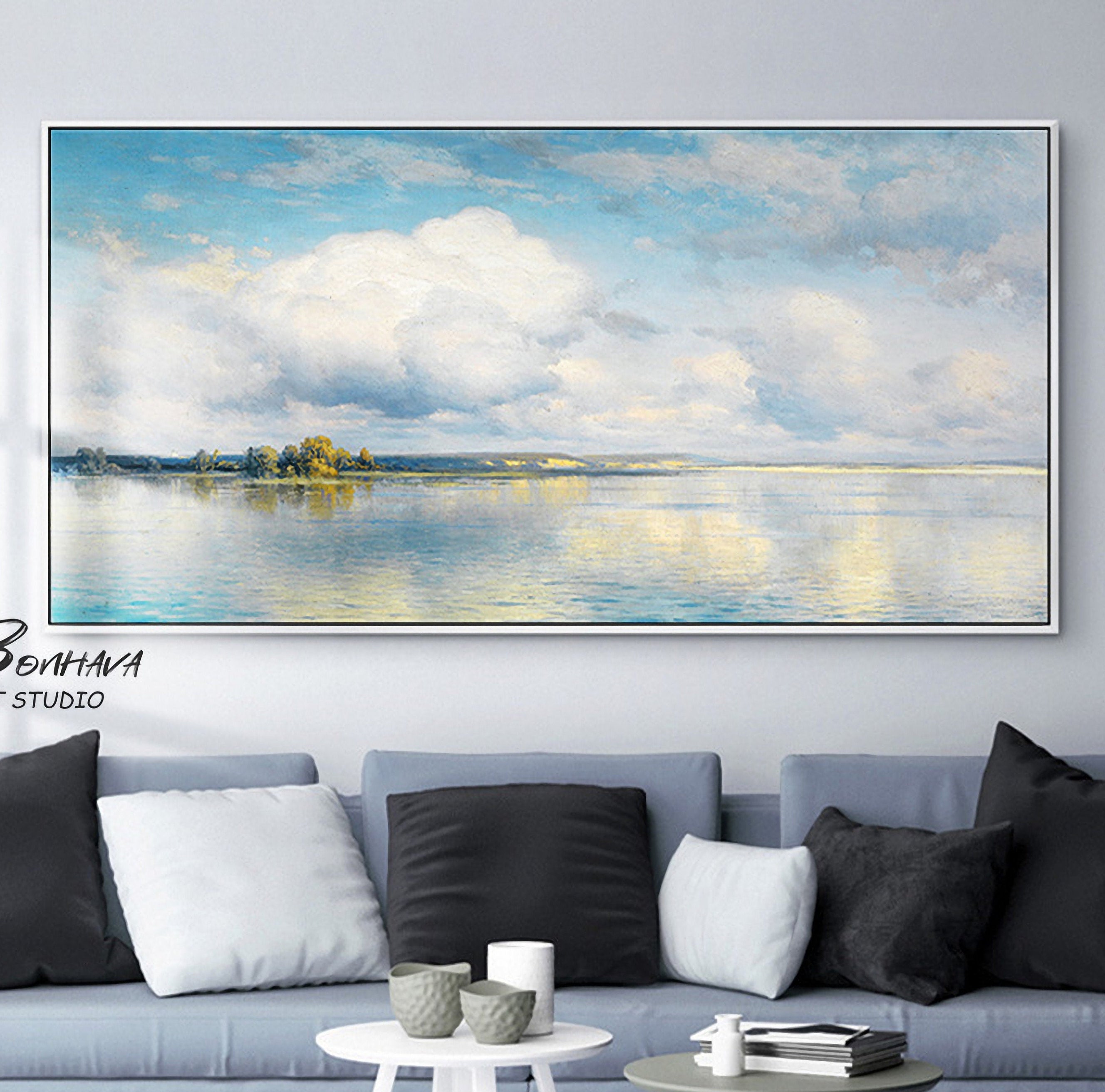 Abstract Canvas Wall Art Oil Painting Blue Sky Lake Natural Landscape 16"x32"