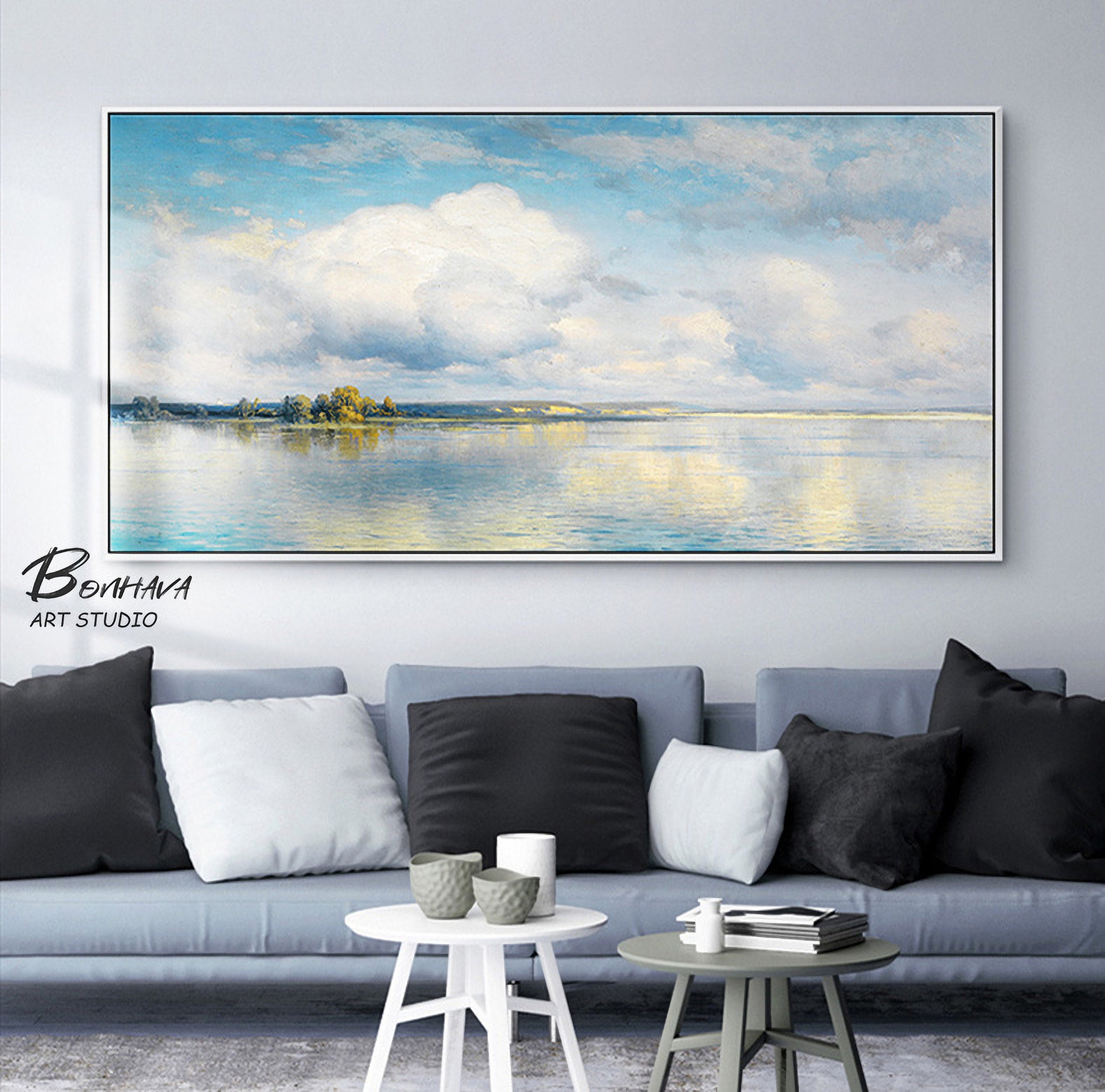 Abstract Canvas Wall Art Oil Painting Blue Sky Lake Natural Landscape 16"x32"