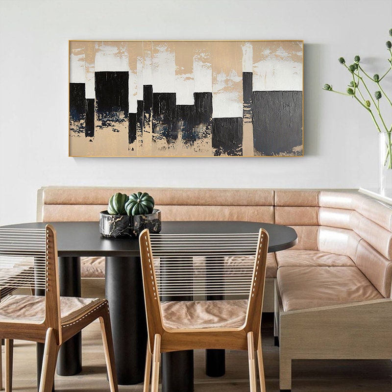 Extra Large Canvas Wall Art, Beige and Black Abstract Oil Painting, Original Acrylic Painting on Canvas, Modern Art for…