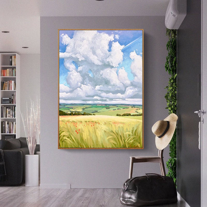 Original Landscape Oil Painting on Canvas, Abstract Landscape Canvas Wall Art, Clouds and Filed Textured Art for Bedroom