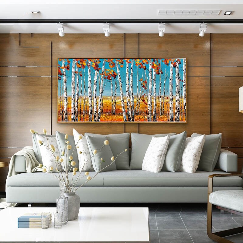 Textured Aspen Canvas Oil Painting, Abstract Birch Tree Wall Art, Original Autumn Wall Painting on Canvas