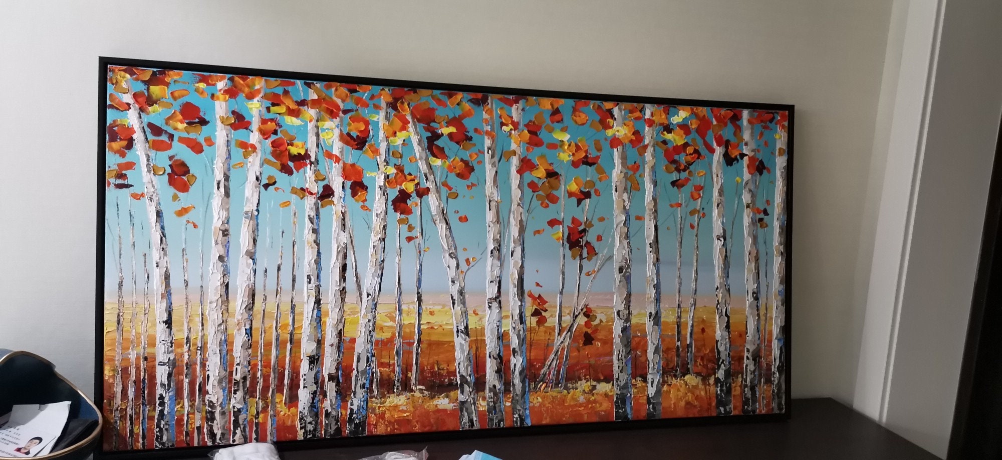 Textured Aspen Canvas Oil Painting, Abstract Birch Tree Wall Art, Original Autumn Wall Painting on Canvas