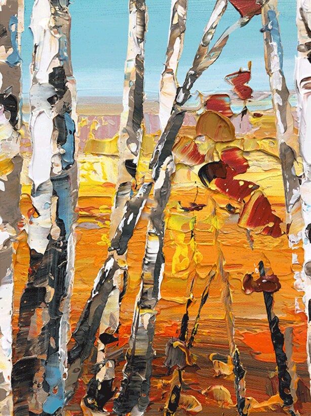 Textured Aspen Canvas Oil Painting, Abstract Birch Tree Wall Art, Original Autumn Wall Painting on Canvas