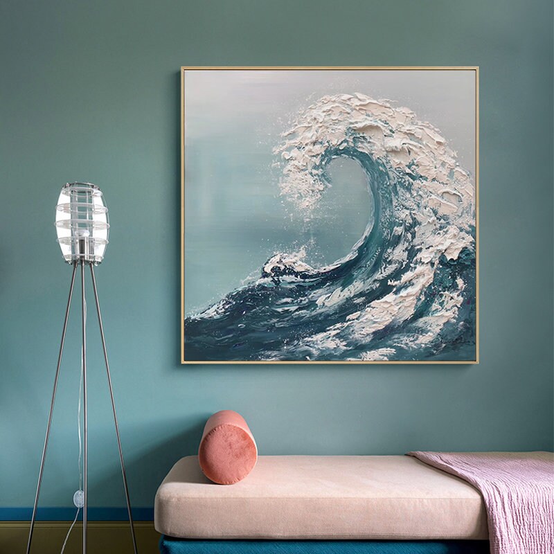 Textured Ocean Waves Wall Art, Abstract Seascape Canvas Wall Painting, Original Blue Oil Painting on Canvas