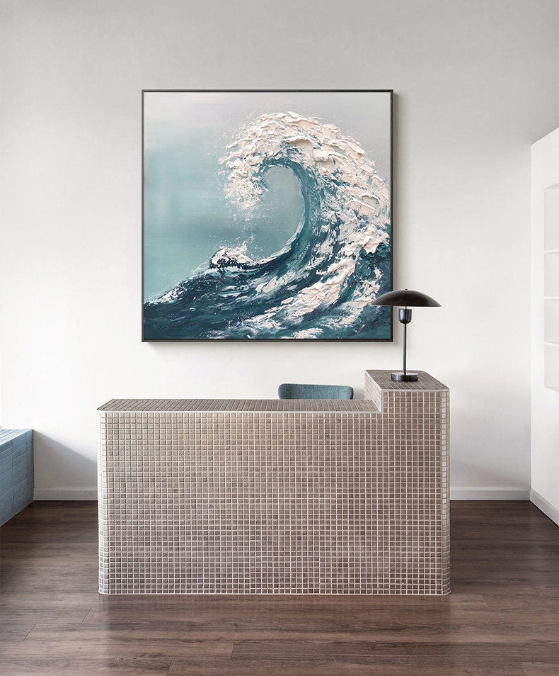 Textured Ocean Waves Wall Art, Abstract Seascape Canvas Wall Painting, Original Blue Oil Painting on Canvas