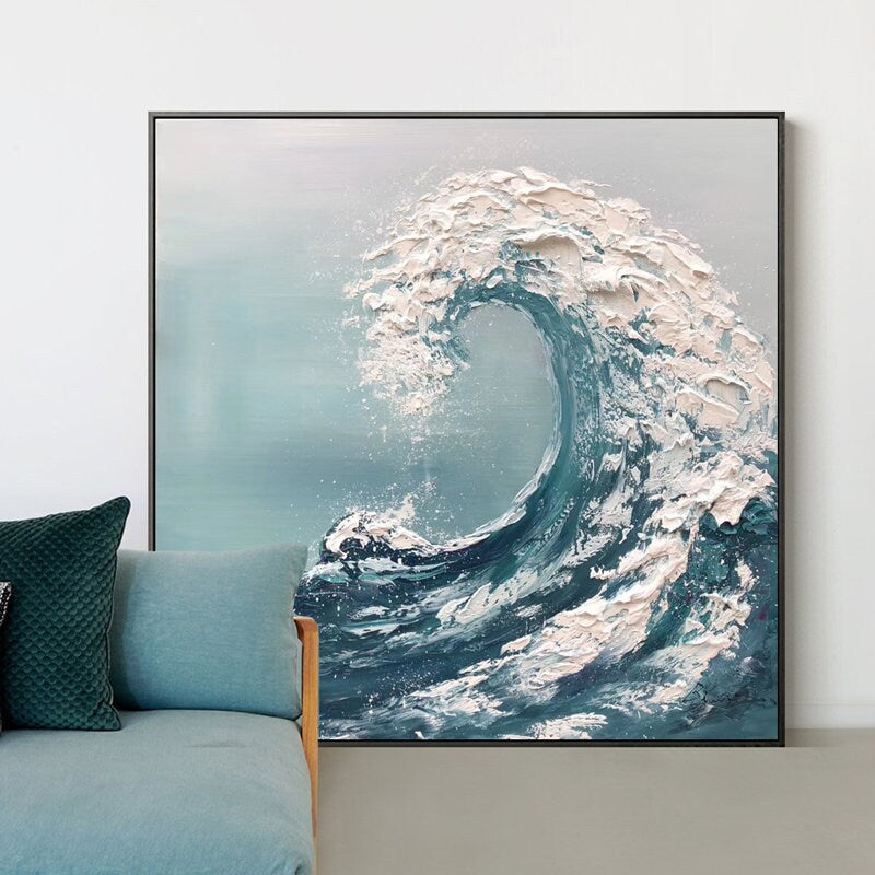 Textured Ocean Waves Wall Art, Abstract Seascape Canvas Wall Painting, Original Blue Oil Painting on Canvas