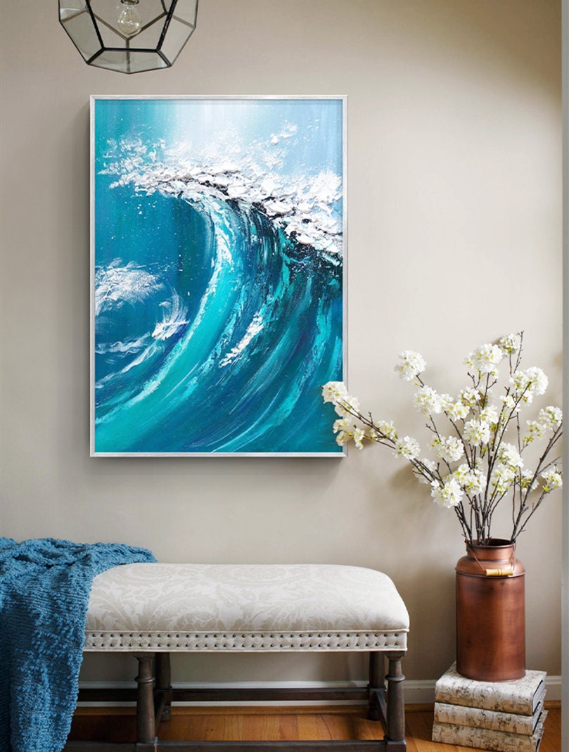 Textured Ocean Waves Wall Art, Abstract Seascape Canvas Wall Art Painting, Original Blue Oil Painting on Canvas