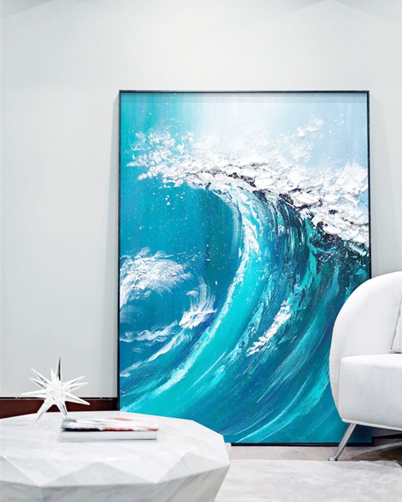 Textured Ocean Waves Wall Art, Abstract Seascape Canvas Wall Art Painting, Original Blue Oil Painting on Canvas