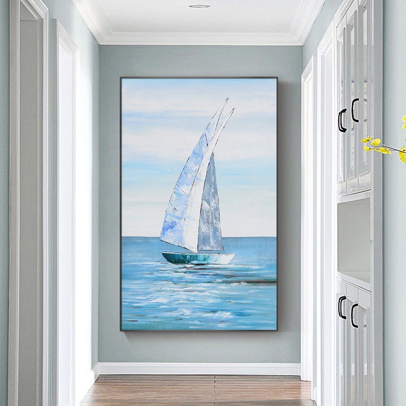 Large Sailboat Oil Painting, Original Sailing Boat Canvas Wall Art, Abstract Ship Acrylic Painting on Canvas, Ocean Seascape…