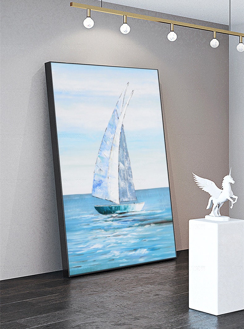 Large Sailboat Oil Painting, Original Sailing Boat Canvas Wall Art, Abstract Ship Acrylic Painting on Canvas, Ocean Seascape…