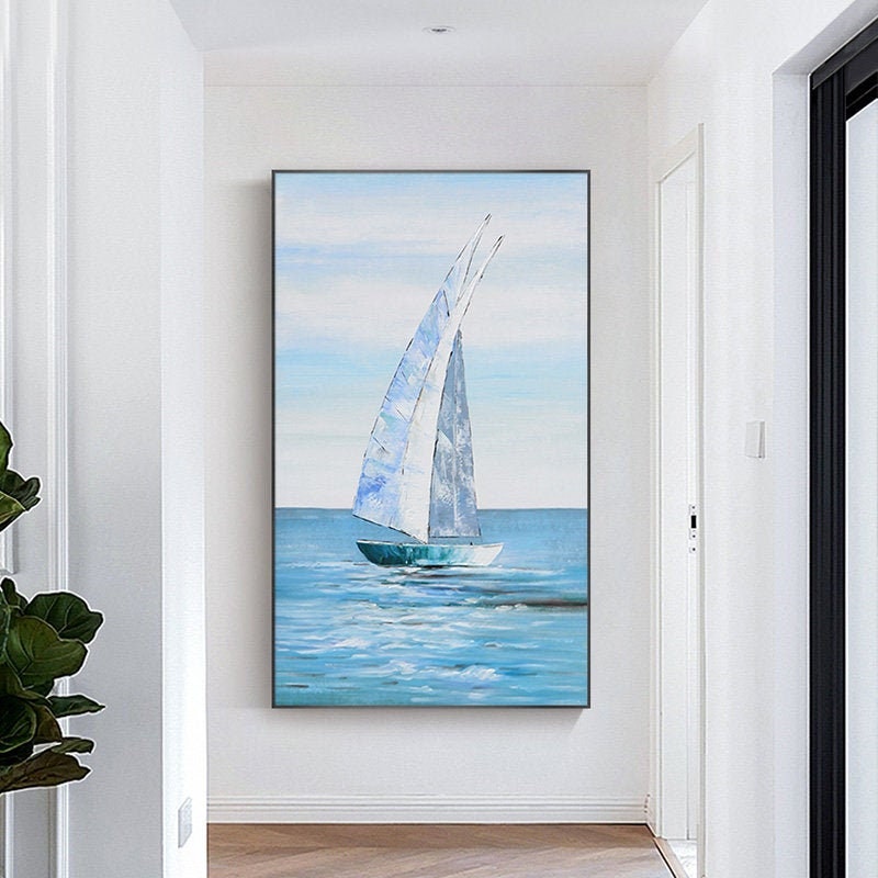 Large Sailboat Oil Painting, Original Sailing Boat Canvas Wall Art, Abstract Ship Acrylic Painting on Canvas, Ocean Seascape…